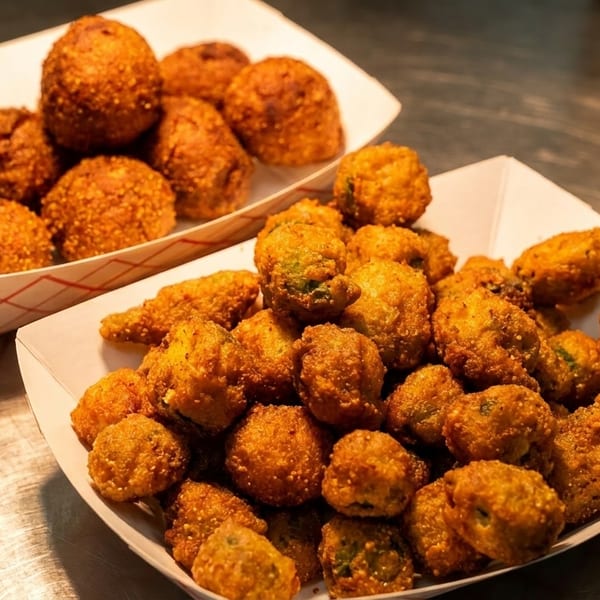 Two paper trays filled with golden-brown fried hushpuppies and fried okra on a metal surface.