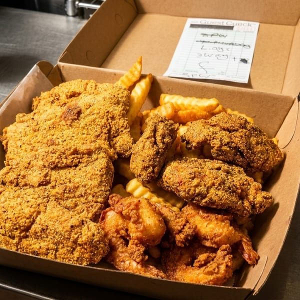 Fried fish, shrimp, and crinkle-cut fries in a cardboard takeout box on a metal counter.