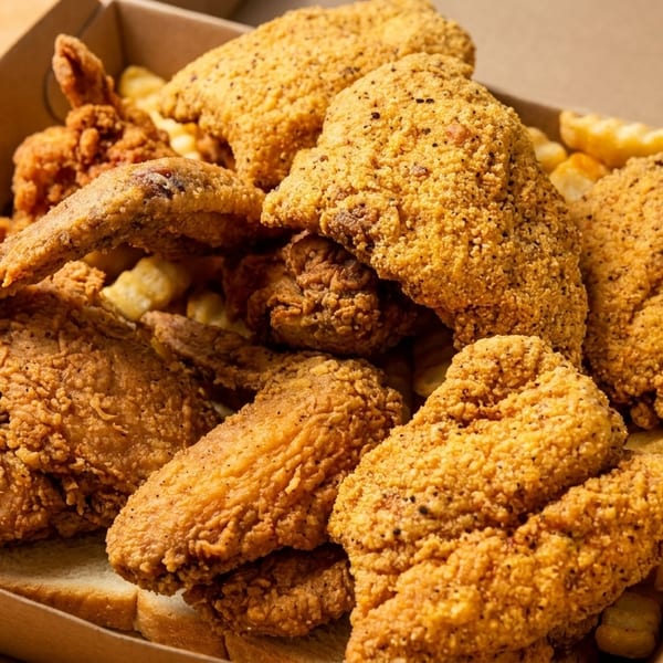 Crispy fried chicken pieces, including wings and tenders, with crinkle-cut fries in a cardboard box.