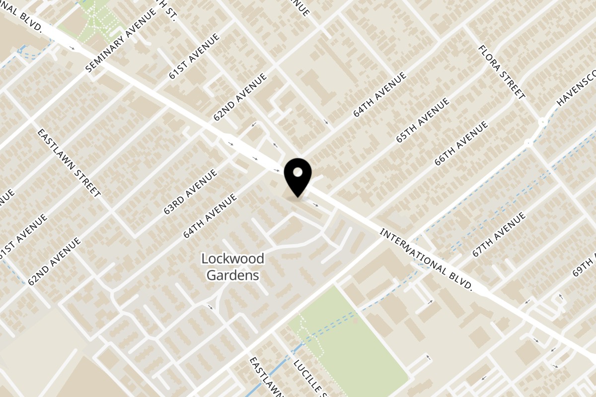 Map showing the location of Fish King on 6447 International Blvd Ste C in Oakland